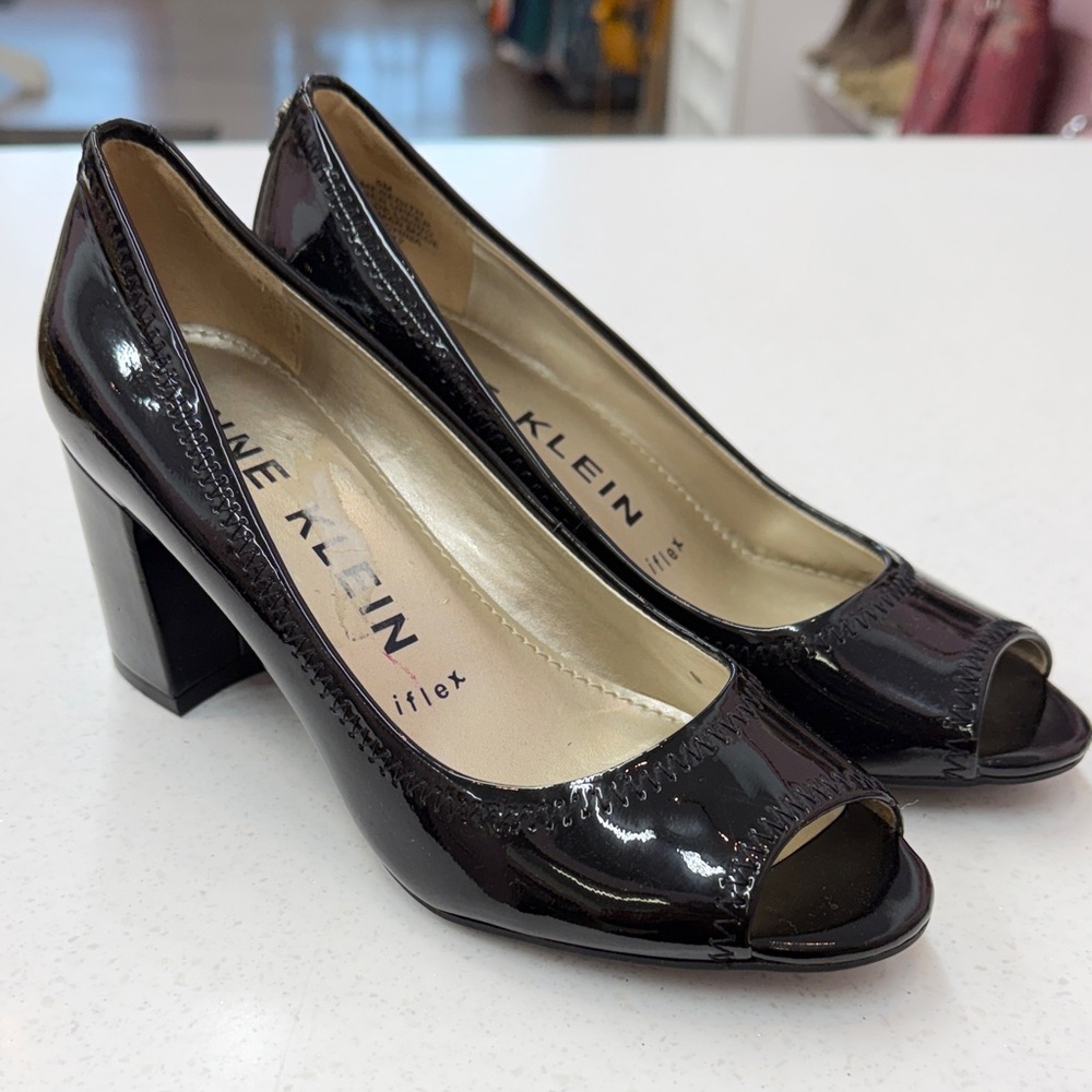 Anne Klein Glossy Black Peep Toe Heels